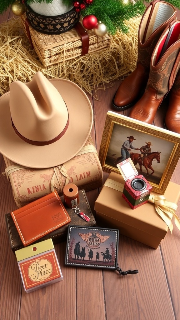 A collection of Western-themed Christmas gifts including a cowboy hat, leather goods, and rustic decor on a wooden table.